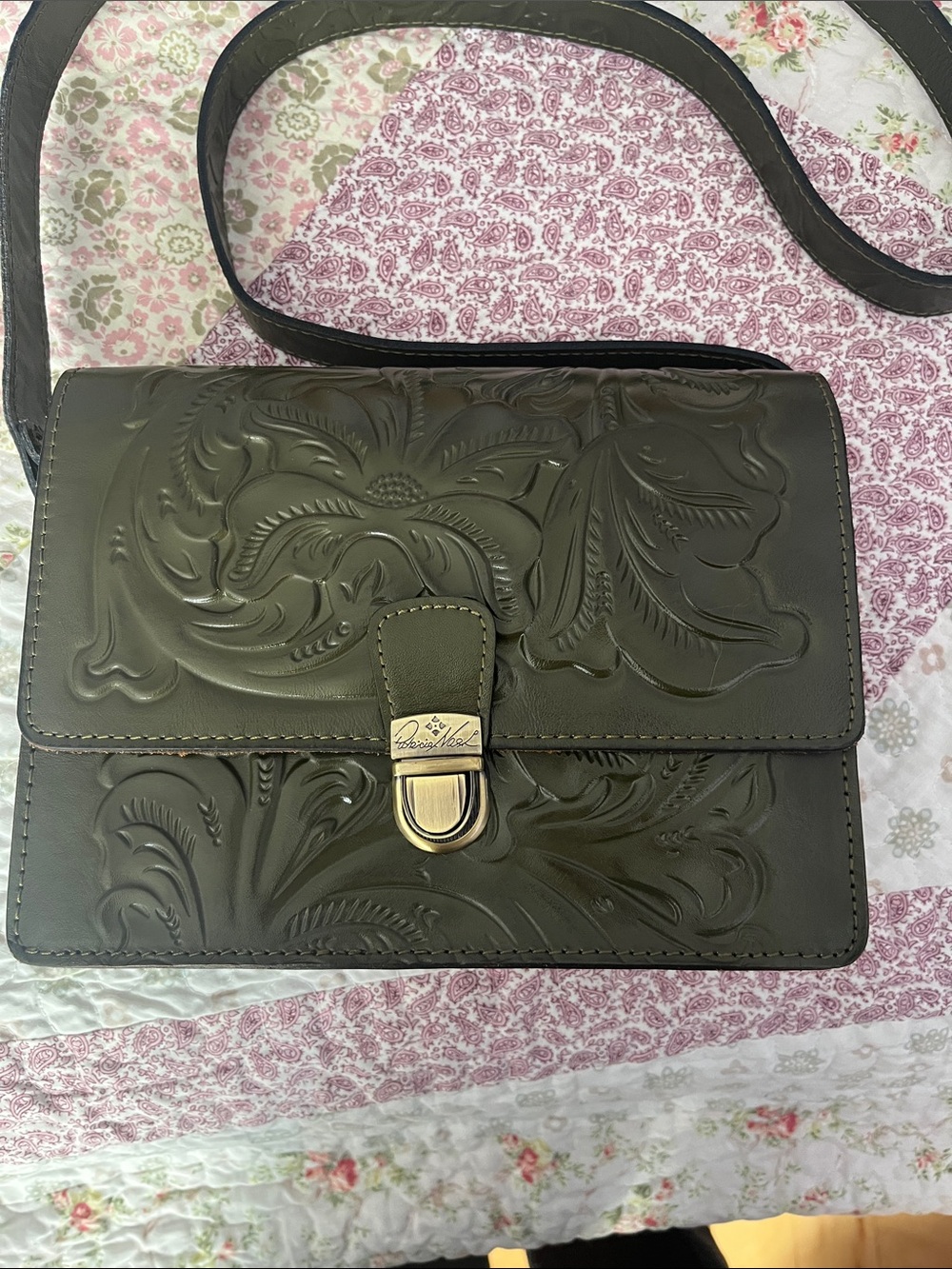 Patricia Nash “Liana” Olive Green Embossed Leather Crossbody Bag